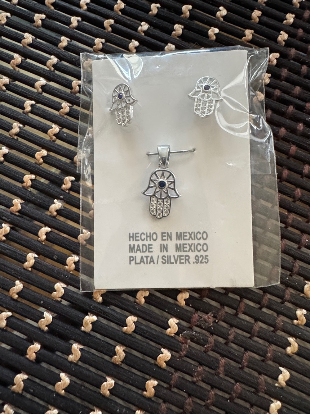 Sterling Silver .925 Hamsa Hand Pendant & Earrings Set Blue
